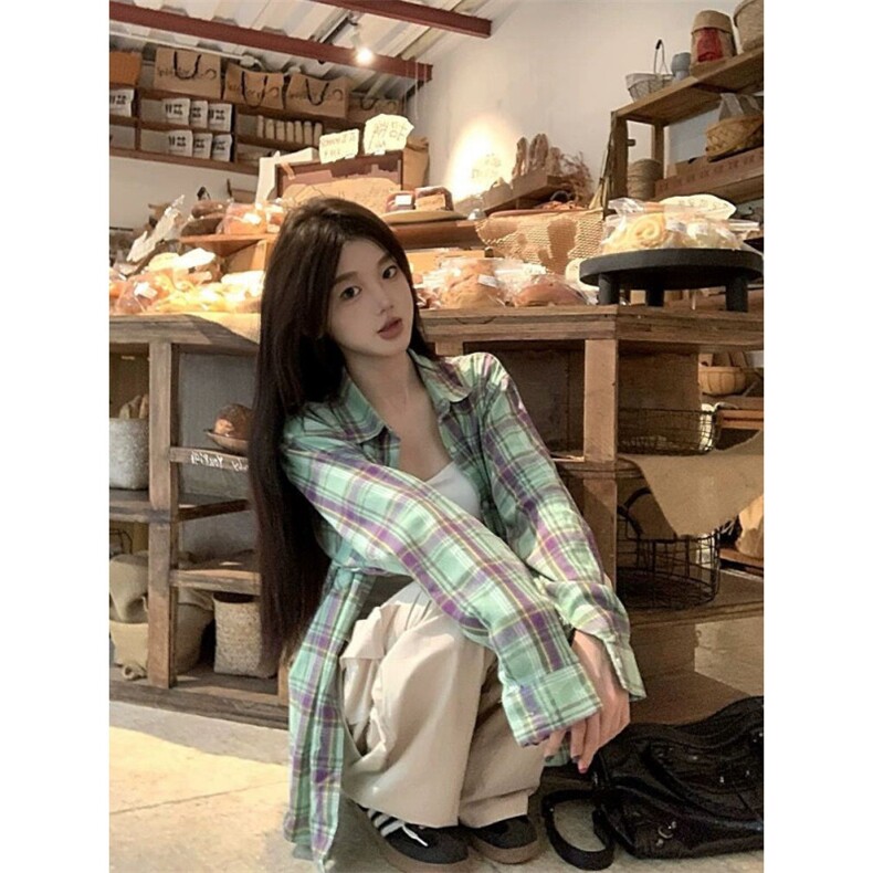 TC591-P45美式复古撞色格纹长袖衬衫男女宽松百搭口袋衬衣潮,女装衬衫,星座617A-2