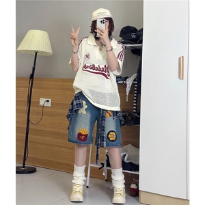 复古汉堡薯条毛巾绣牛仔短裤男女宽松夏季2025新款直筒阔腿五分裤图片