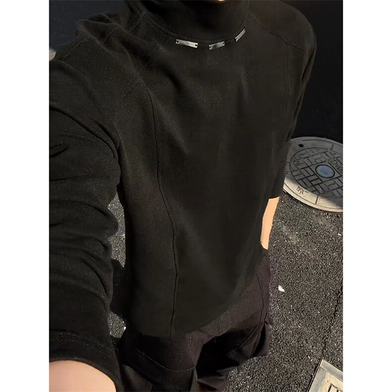 黑色半高领德绒打底衫男款冬季内搭项链长袖t恤重磅美式正肩卫衣,男装T恤,四季星座505