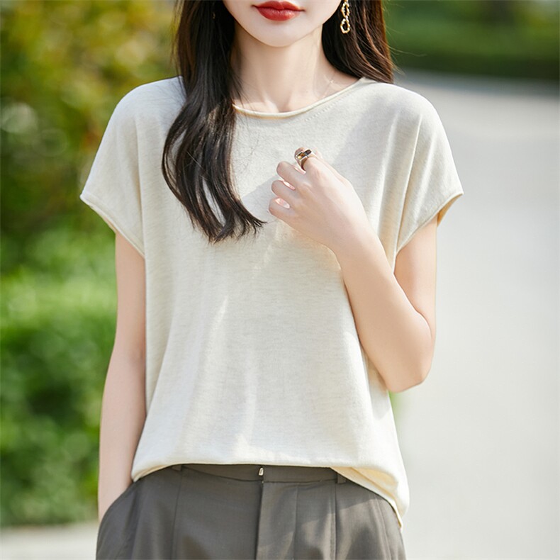 圆领短袖t恤女2025夏季新款薄款卷边宽松冰丝针织上衣,女装T恤,羿纯羊绒高端店