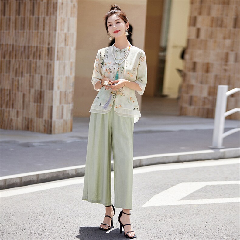 棉麻套装女装复古盘扣印花上衣2025新款夏季高端亚麻两件套阔腿裤,女装套装/套裙,阳光伊恋