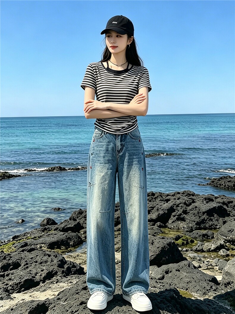 洋气时髦休闲时尚套装女夏新款圆领条纹短袖上衣直筒牛仔裤两件套,女装套装/套裙,江南