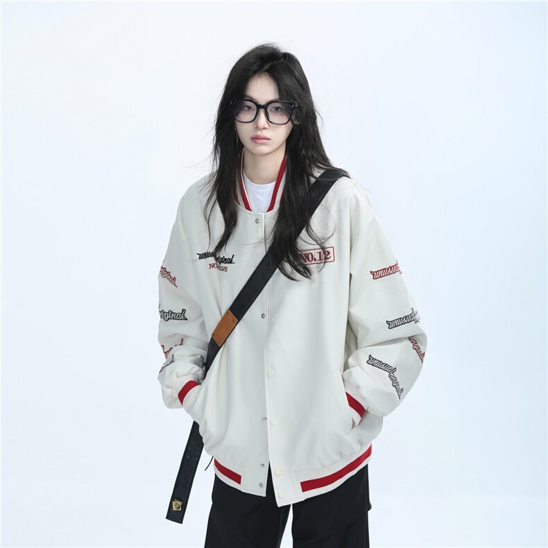 美式复古高街潮牌刺绣拼接撞色夹克外套男女设计感棒球服PU皮衣图片