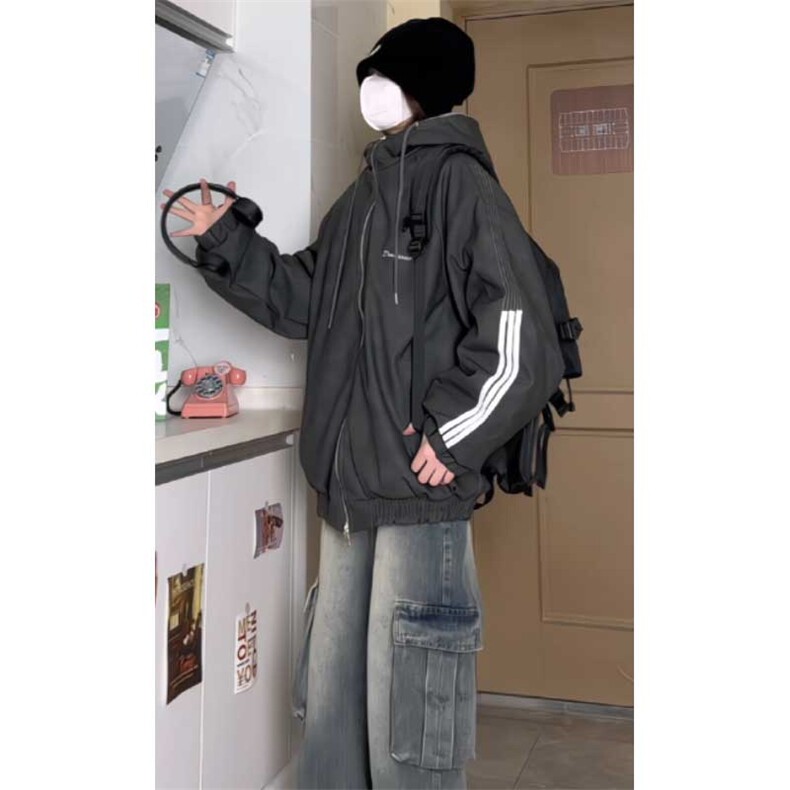 数据美式连帽百搭美拉德三条杠皮衣羊羔绒内胆MF1012P100,男装皮衣,电商A128