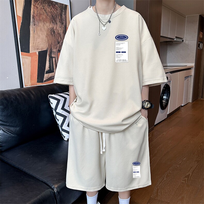 短袖t恤男青少年夏季潮牌华夫格学生衣服搭配帅气休闲运动一套装图片