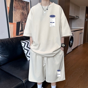 短袖t恤男青少年夏季潮牌华夫格学生衣服搭配帅气休闲运动一套装图片