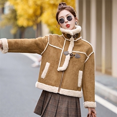 时尚复古红麂皮绒皮毛一体外套女2024冬新款小个子机车棉服，女装棉衣/棉服，奕薇雅