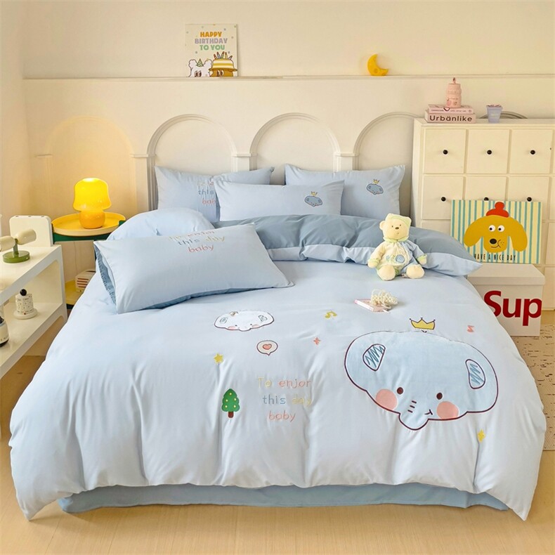 新款AB版水洗棉贴布绣四件套-小象系列，床品套件，一起卖家纺