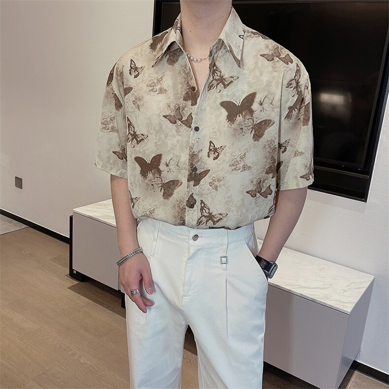 春夏时尚古风蝴蝶满印复古短袖衬衫男宽松网红半袖衬衣潮0256-P53,男装T恤,电商B267