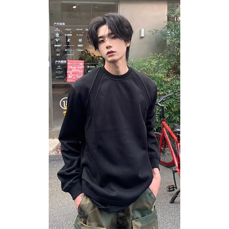 抖音得物品质26春装美式高街曼巴棉螺纹拼接卫衣圆领长袖T恤YT164,男装T恤,电商A486-1