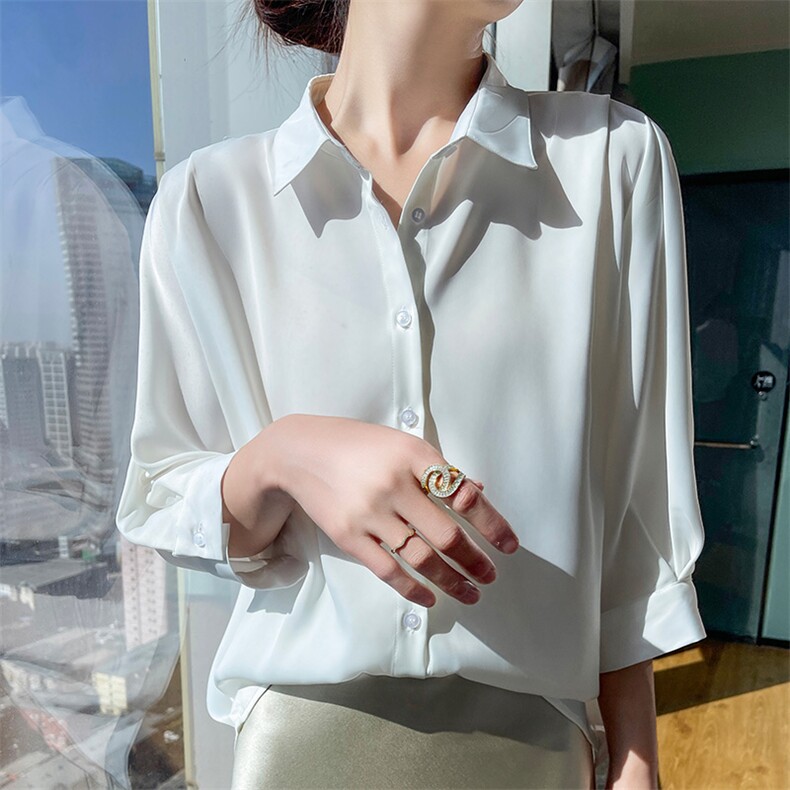 醋酸缎面衬衣女短袖夏季新款七分袖衬衣职业法式气质雪纺上衣春秋，女装衬衫，朝贺羊绒