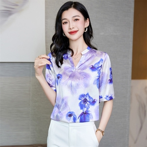 v领真丝衬衫女短袖夏季2025新款宽松大码印花桑蚕丝上衣中年妈妈