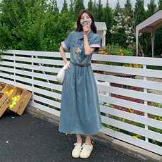 夏季新款韩版小个子胖mm大码中长款短袖宽松牛仔连衣裙子女士薄款，女装连衣裙，慧尚依恋