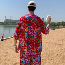 TZ340男士夏季风大花布套装大码宽松凉爽透气民族风个性外套，男装休闲套装，星座115A(原星座507）