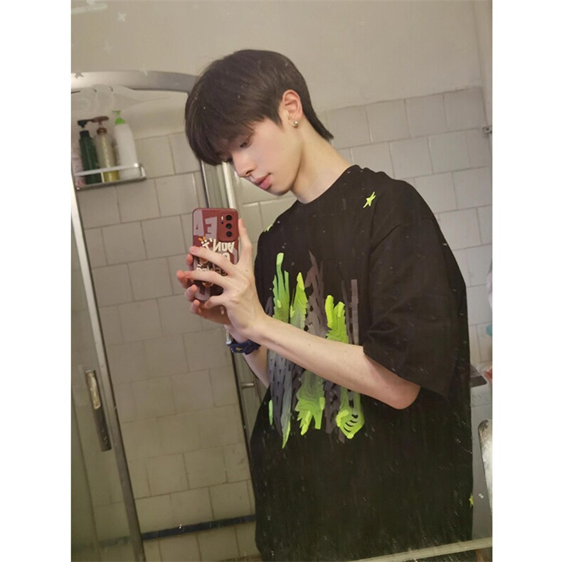 欧美高街重磅硬挺t恤男生夏季穿搭ootd短袖美式潮牌小领口七分袖,男装T恤,四季星座1015