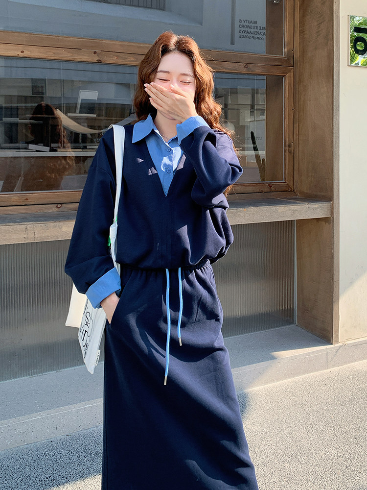 休闲减龄穿搭蓝色假两件卫衣套装女春秋超火好看慵懒半身裙两件套,女装套装/套裙,2D034
