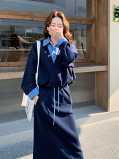 休闲减龄穿搭蓝色假两件卫衣套装女春秋超火好看慵懒半身裙两件套，女装套装/套裙，2D034