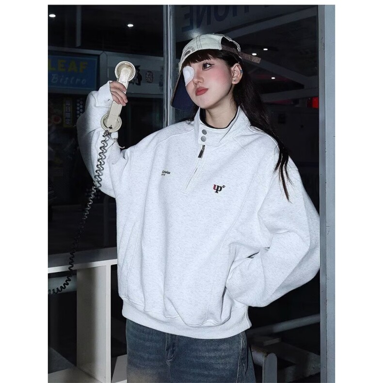 秋冬季简约刺绣立领半拉链卫衣男潮牌宽松休闲运动上衣情侣外套，女装短外套，星座506A