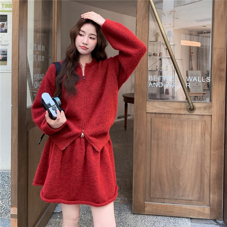 红色毛衣小香风套装女2025春秋新款高级感气质短外套半身裙两件套,女装套装/套裙,2C261