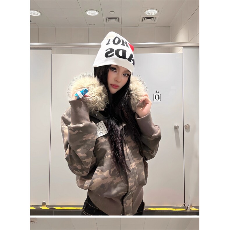 美式迷彩带毛领连帽卫衣女2025新款修身设计感开衫短外套秋,女装短外套,星座506A