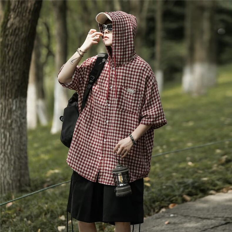 个性衬衫男格子短袖连帽韩版潮流2024夏季新款ins外套CY456-P43,男装衬衫,星座412-3