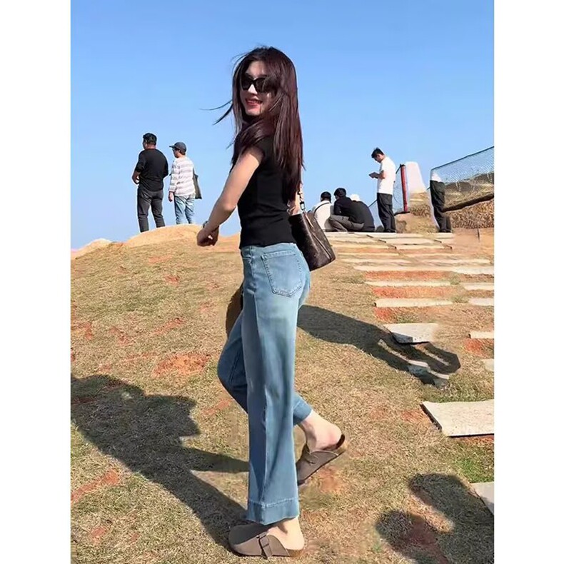 浅蓝天丝直筒牛仔裤女夏季薄款2025新款小个子女士冰丝九分阔腿裤，女装牛仔裤，星座218-8