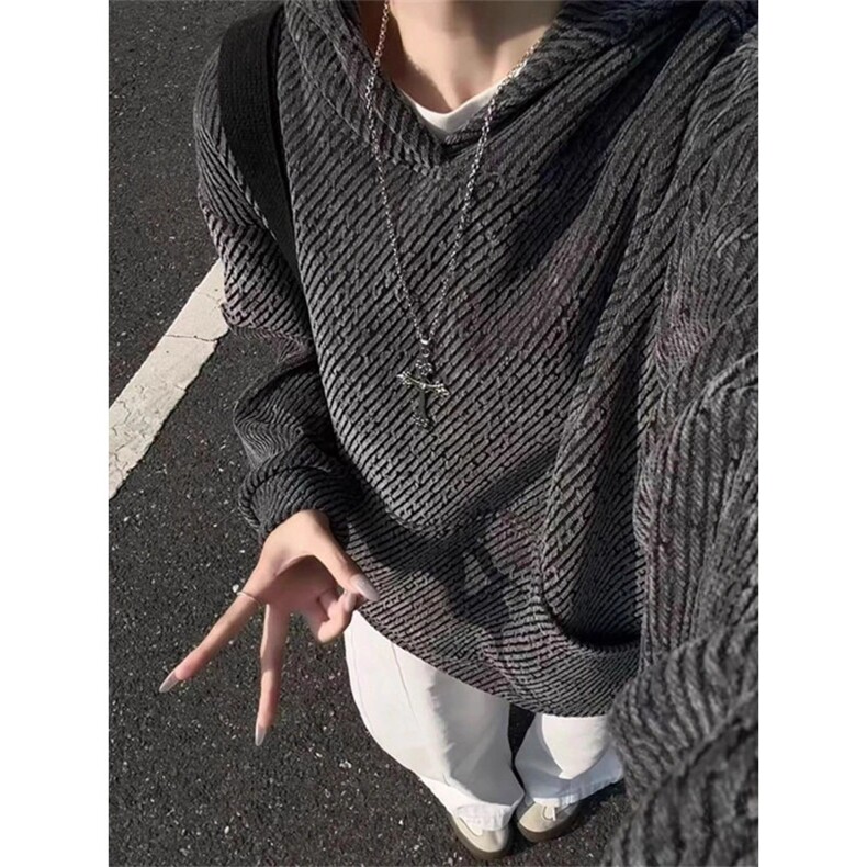 网图 雪尼尔斜条纹连帽卫衣男秋冬季美式复古针织外套WY114-特P46图片