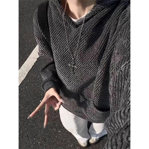 网图 雪尼尔斜条纹连帽卫衣男秋冬季美式复古针织外套WY114-特P46图片
