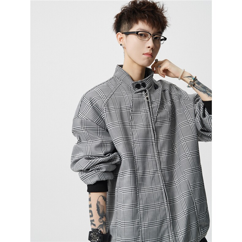 JK2565-特P75控14898%聚酯纤维2氨纶设计外套男流拉链格子夹克男,男装夹克,电商B370