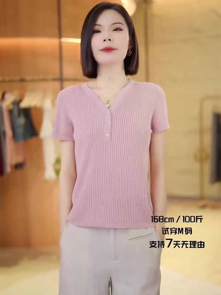 2025年春季时尚百搭通勤简约V领短袖,女装T恤,晨旭羊绒