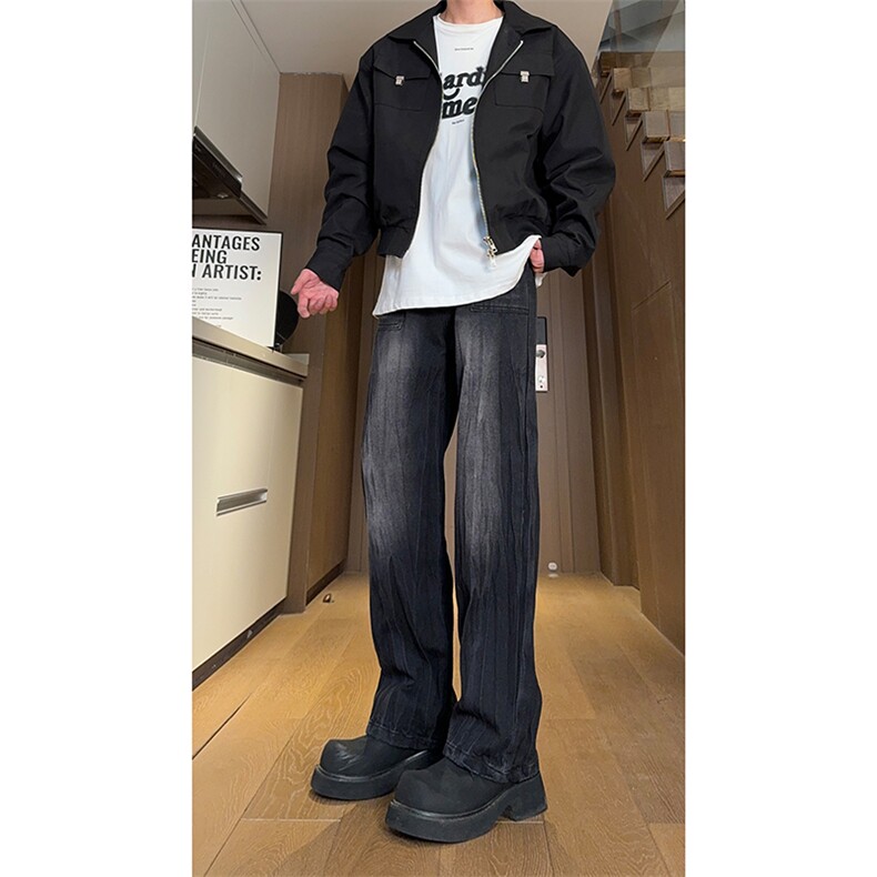 现货秋冬美式黑色渐变裤子男竹节纹直筒牛仔裤女K657-P50控68,男装牛仔裤,星座205-5