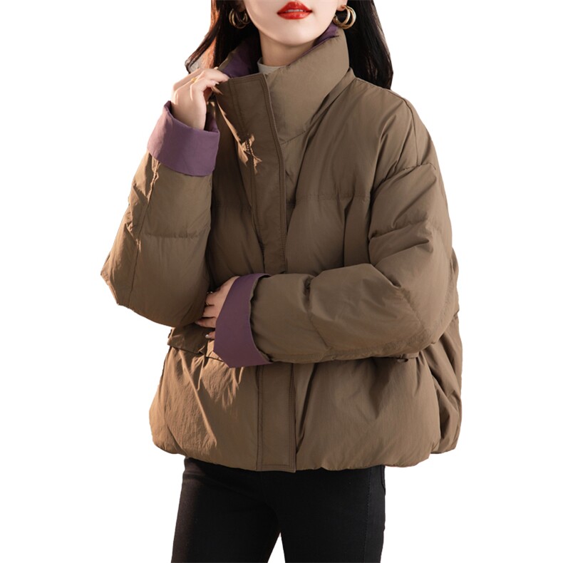 撞色立领短款羽绒服女2024冬季新款宽松休闲连帽白鸭绒面包服外套,女装羽绒服,余墨