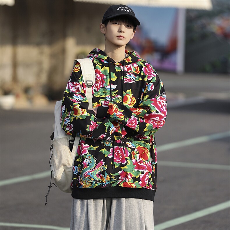 W204秋新款男女团队服大花连帽卫衣外套潮民族特色花卫衣情侣装,男装卫衣,星座115A(原星座507）