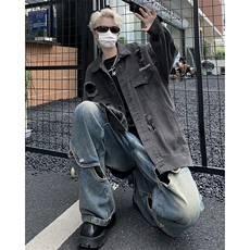 美式复古破洞牛仔外套男潮牌宽松痞帅水洗做旧oversize设计感夹克，男装夹克，星座601-2