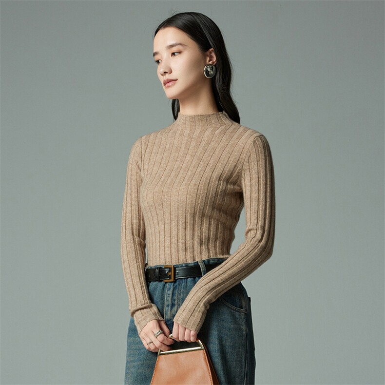 女士35%羊绒衫半高领套头毛衣秋冬新品紧身坑条内搭针织衫,女装羊绒衫,木淼羊绒