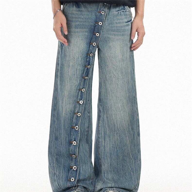 美式复古水洗斜门纽扣直筒牛仔裤设计感小众宽松休闲百搭阔腿裤，男装牛仔裤，星座302B-2