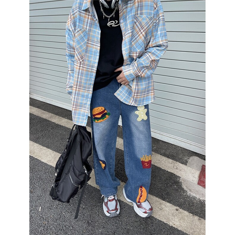 显瘦vintage宽松高街阔腿微喇裤设计感创意汉堡毛巾绣牛仔裤男女,男装牛仔裤,星座715-4