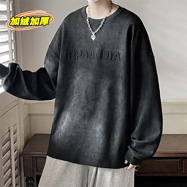 麂皮绒ins宽松卫衣男美式潮牌字母钢印打底衫W26626J加绒-P55控78,男装T恤,电商A001
