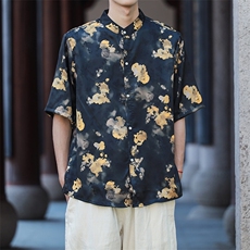 新中式提花风冰丝短袖上衣立领花色衬衫时尚百搭T2501-P58，男装T恤，电商A227