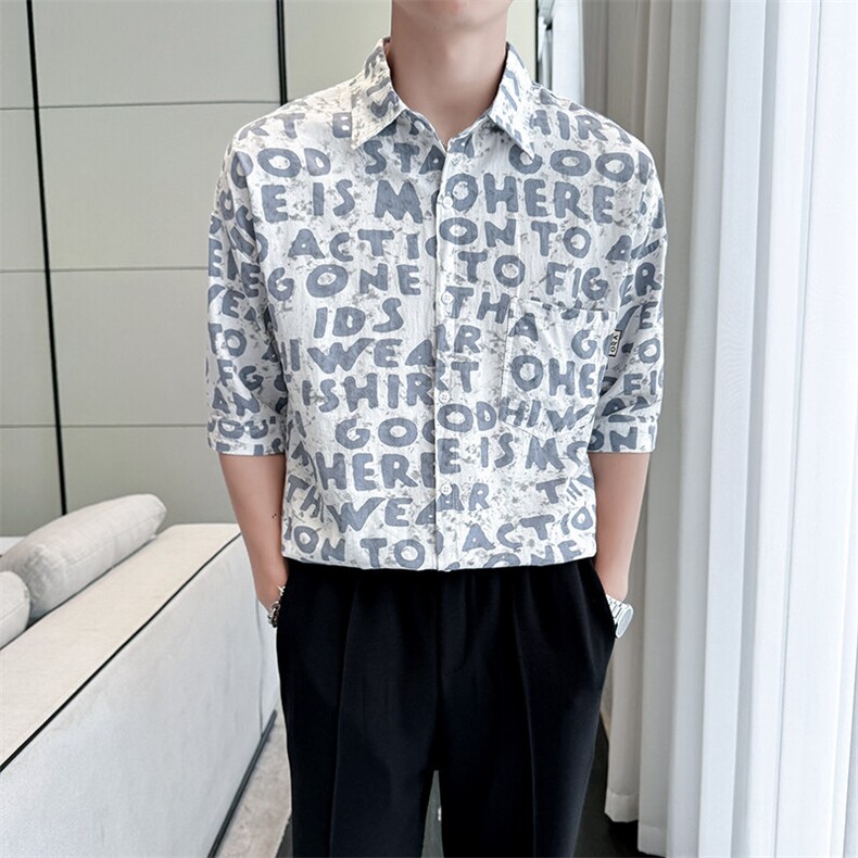 2025春季新款衬衫男士夏季七分袖衬衫印花棉质上衣男901-C39P58,男装衬衫,星座901