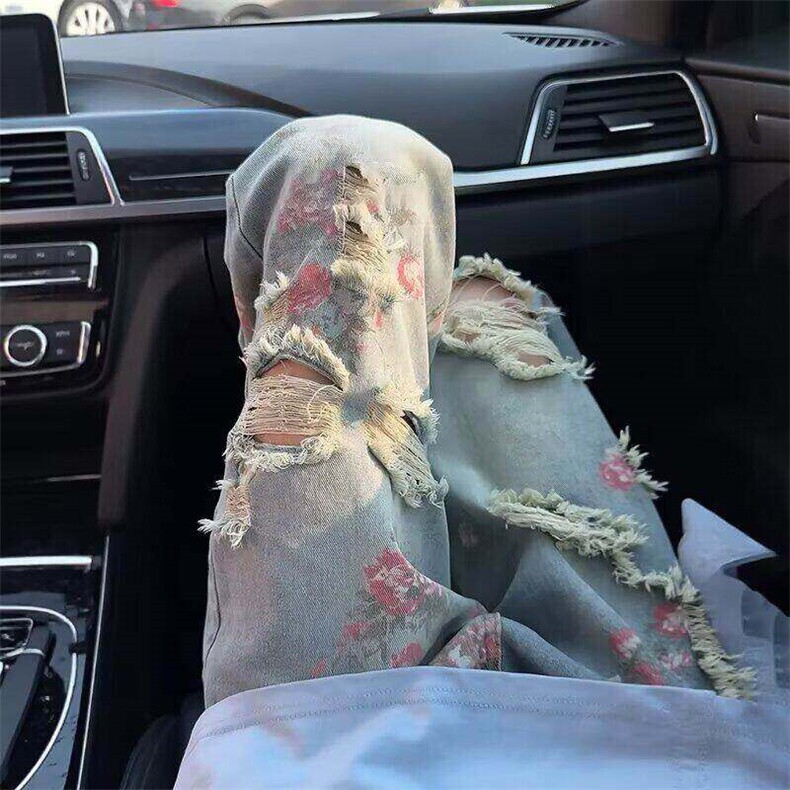 网络图美式破洞玫瑰花卉牛仔裤男女夏季小众设计直筒长裤子,男装牛仔裤,星座410-7