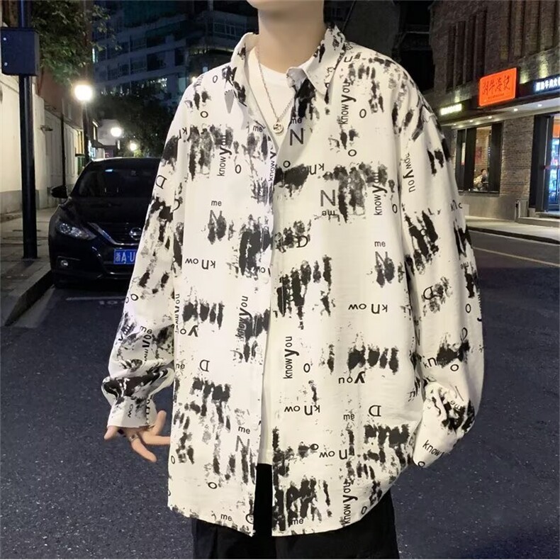 潮流衬衫男春秋季宽松休闲印花长袖衬衣港风复古百搭外套C146,男装衬衫,星座1116A-1（原606A）
