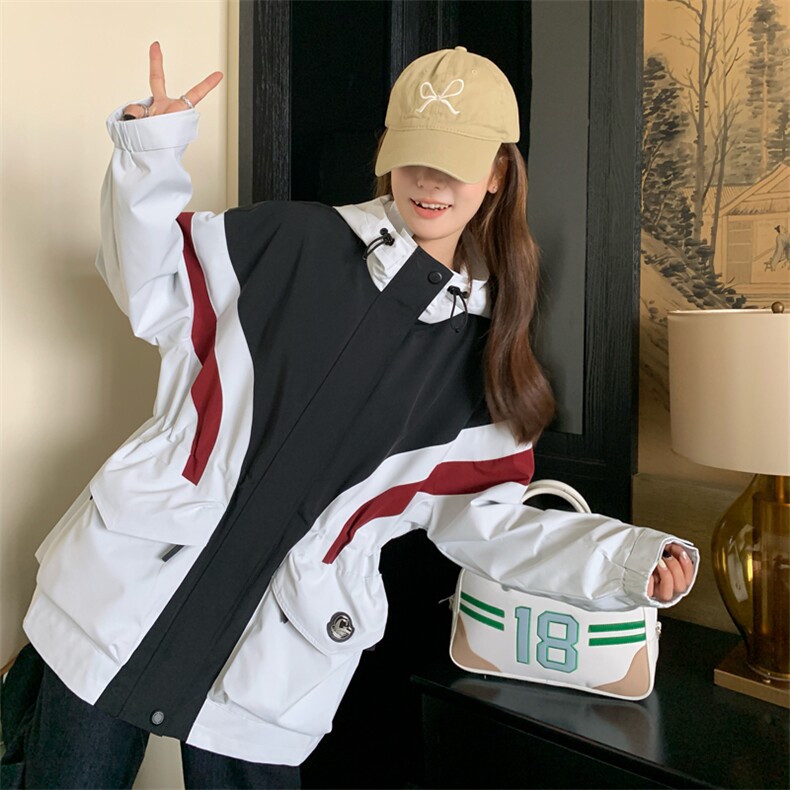 米白撞色拼接连帽风衣外套2025新款女初春设计感小众洋气工装夹克，女装短外套，帛香坊