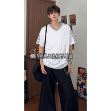 美式复古短袖男款夏季青少年球衣风V领设计感运动条纹T恤重磅半袖，男装T恤，电商A102B
