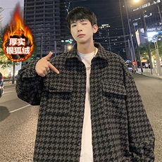 冬款高街大码男夹克千鸟格翻领加绒加厚毛呢外套J25861J加绒-P80，男装夹克，电商A001
