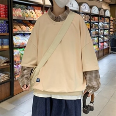 秋冬季假两件卫衣男衬衫领拼接ins潮牌百搭格子外套W5342-P42，男装卫衣，星座512-3