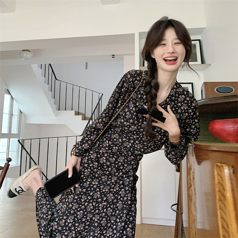 2024春款甜美碎花长袖连衣裙显瘦高腰A字裙优雅气质女装,女装连衣裙,灵力轩