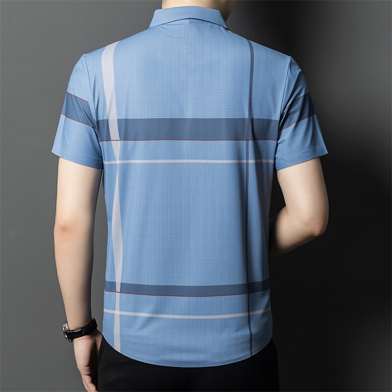 新款男士条格纹短袖衬衫男条纹免烫时尚品质商务宽松潮服上衣,男装衬衫,钱塘6003（原4033）