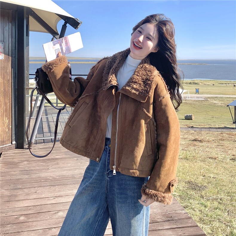 美拉德咖色仿皮毛一体棉服外套女冬2025新款韩系小个子短款上衣,女装短外套,2C259