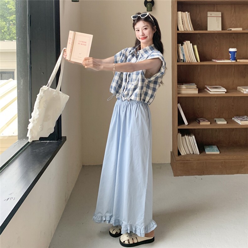 韩系甜美学院风蕾丝花边格子衬衣套装女夏季2025新款阔腿裤两件套,女装套装/套裙,2C135